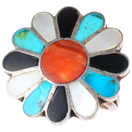 sz8 vintage Zuni sterling silver turquoise/shell/jet sun/flower inlay ring