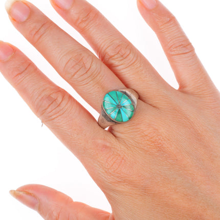 sz11 Vintage Zuni sterling silver turquoise channel inlay domed ring