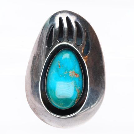sz8.25 Vintage LC Navajo Blue Gem Turquoise large sterling silver bear paw ring