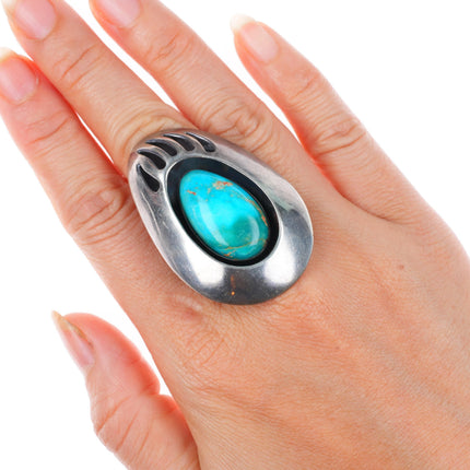 sz8.25 Vintage LC Navajo Blue Gem Turquoise large sterling silver bear paw ring
