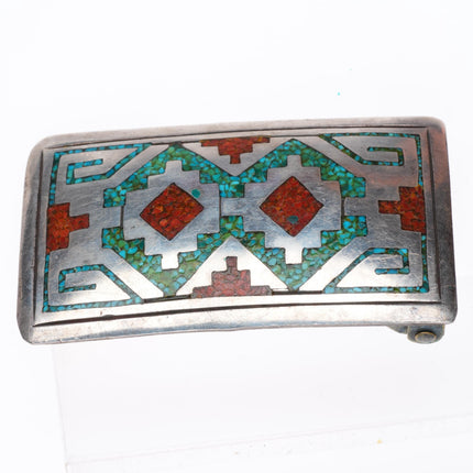 Vintage Tommy Singer Navajo chip inlay sterling silver buckle for 1.5" belt