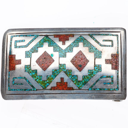 Vintage Tommy Singer Navajo chip inlay sterling silver buckle for 1.5" belt
