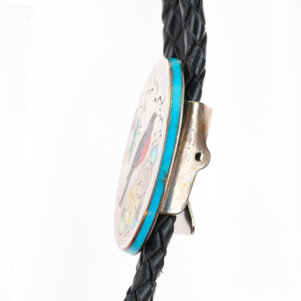 Ophie B Joe Navajo sterling silver Robin turquoise/coral inlay bolo tie