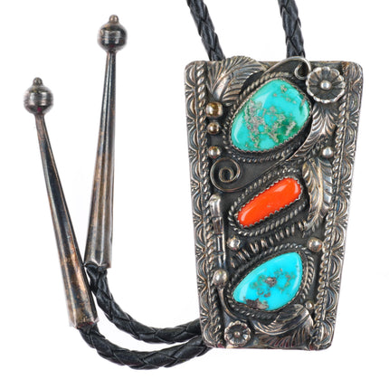 c1960 c-31 Monroe Ashley Navajo sterling silver turquoise and coral bolo tie