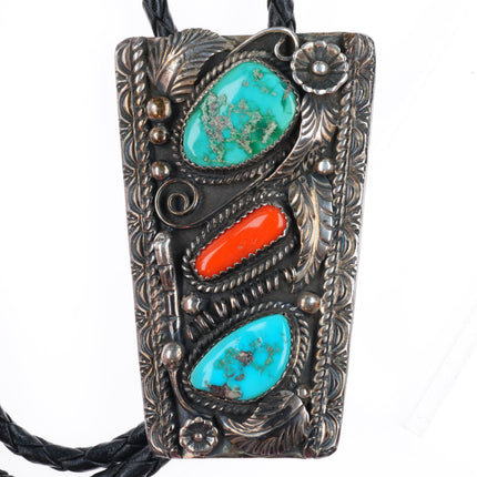 c1960 c-31 Monroe Ashley Navajo sterling silver turquoise and coral bolo tie