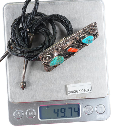 c1960 c-31 Monroe Ashley Navajo sterling silver turquoise and coral bolo tie