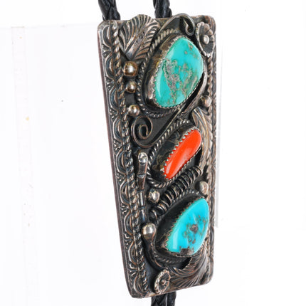 c1960 c-31 Monroe Ashley Navajo sterling silver turquoise and coral bolo tie