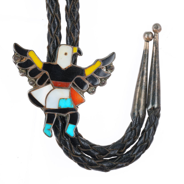 c1950 vintage Zuni sterling silver turquoise/coral inlay knifewing bolo tie