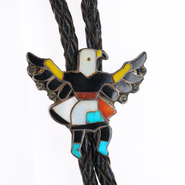 c1950 vintage Zuni sterling silver turquoise/coral inlay knifewing bolo tie