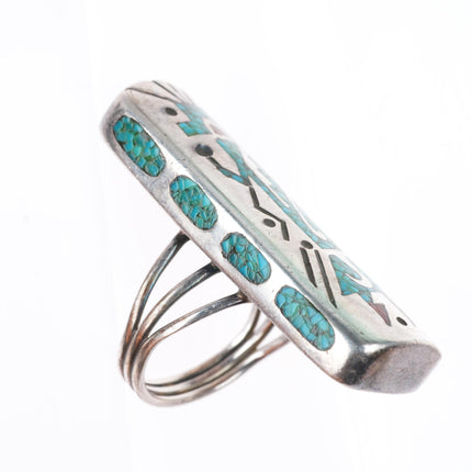 sz8 vintage Navajo sterling silver Kachina chip inlay turquoise ring