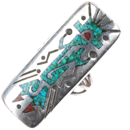 sz8 vintage Navajo sterling silver Kachina chip inlay turquoise ring