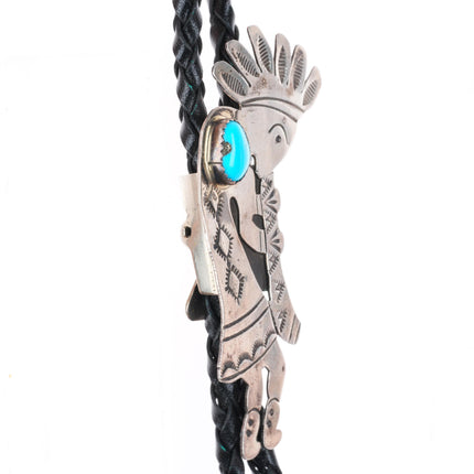 Vintage Navajo sterling silver stamped Kokopelli bolo tie with turquoise