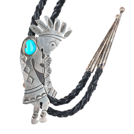 Vintage Navajo sterling silver stamped Kokopelli bolo tie with turquoise