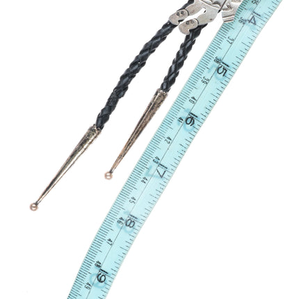 Vintage Navajo sterling silver stamped Kokopelli bolo tie with turquoise