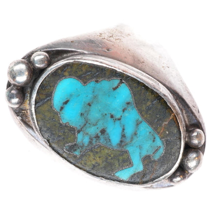 sz8 vintage Navajo sterling silver turquoise buffalo inlay ring