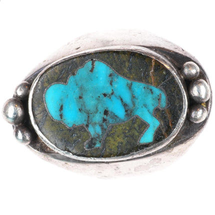 sz8 vintage Navajo sterling silver turquoise buffalo inlay ring