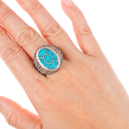 sz11.5 vintage Navajo sterling silver chip inlay turquoise textured ring