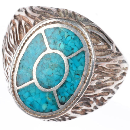 sz11.5 vintage Navajo sterling silver chip inlay turquoise textured ring