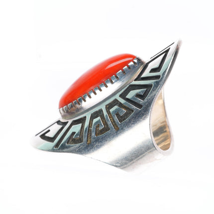 sz7.75 Bobby Tewa Hopi overlay sterling silver Mediterranean coral ring