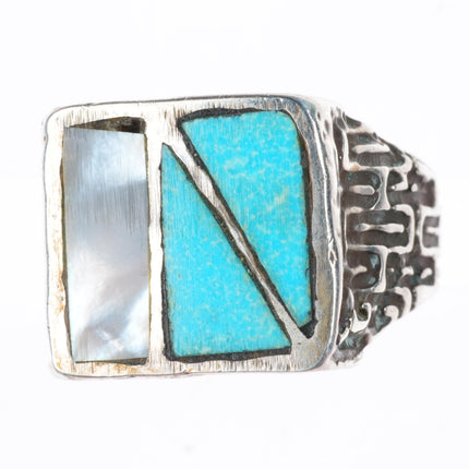 sz10.5 vintage southwestern sterling silver turquoise and shell inlay ring