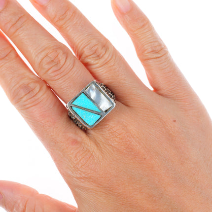 sz10.5 vintage southwestern sterling silver turquoise and shell inlay ring
