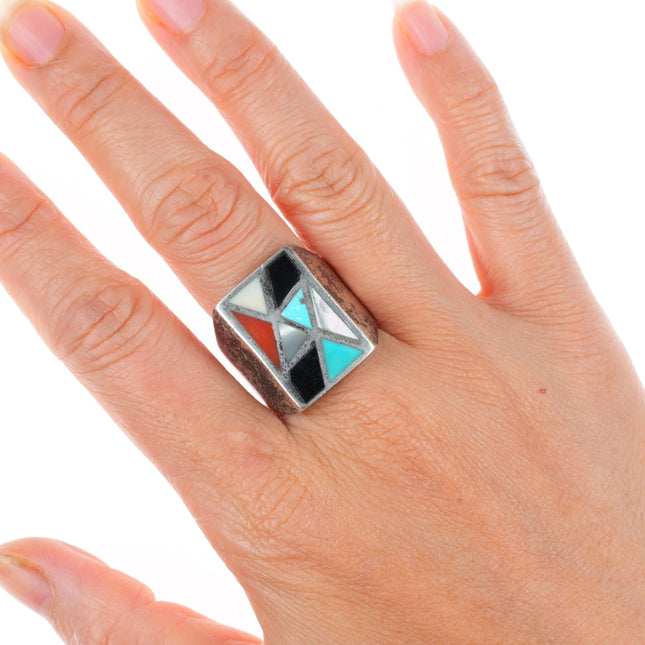 sz10.5 vintage Zuni sterling silver turquoise/coral/shell inlay size 10.5 ring