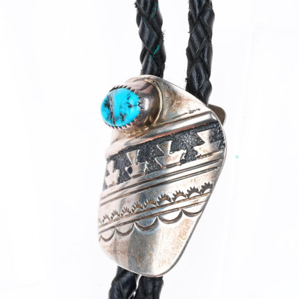 Vintage nw Navajo sterling silver turquoise bolo tie with stamped/overlay design