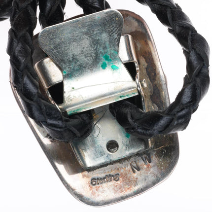 Vintage nw Navajo sterling silver turquoise bolo tie with stamped/overlay design