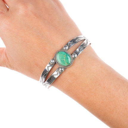 7" 1940's Navajo stamped sterling silver green turquoise cuff bracelet
