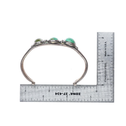 6.75" 1920-30's Navajo ingot silver 3 stone green turquoise row cuff bracelet