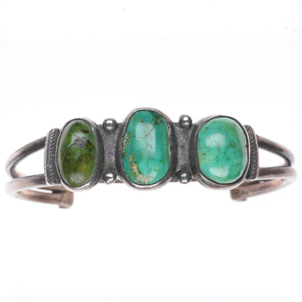 6.75" 1920-30's Navajo ingot silver 3 stone green turquoise row cuff bracelet