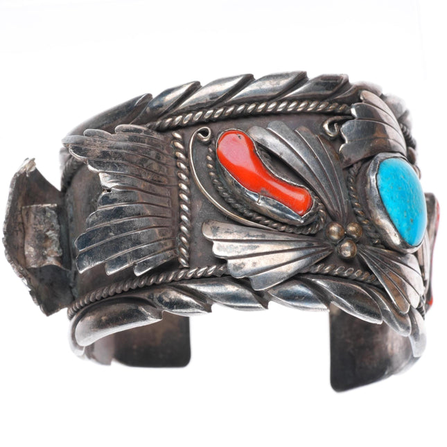 6.5" vintage Navajo sterling silver watch cuff bracelet with turquoise and coral