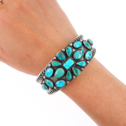 6.5" c1930's Navajo deep stamped ingot silver turquoise cluster cuff bracelet