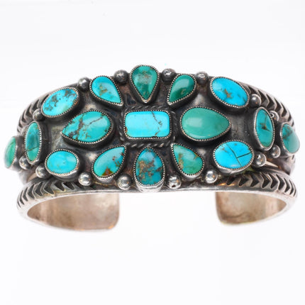 6.5" c1930's Navajo deep stamped ingot silver turquoise cluster cuff bracelet