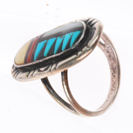 sz8 Adeline Bowannie Zuni sterling silver turquoise/coral/shell inlay ring