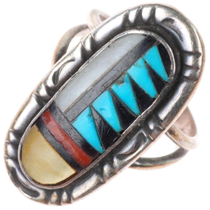 sz8 Adeline Bowannie Zuni sterling silver turquoise/coral/shell inlay ring