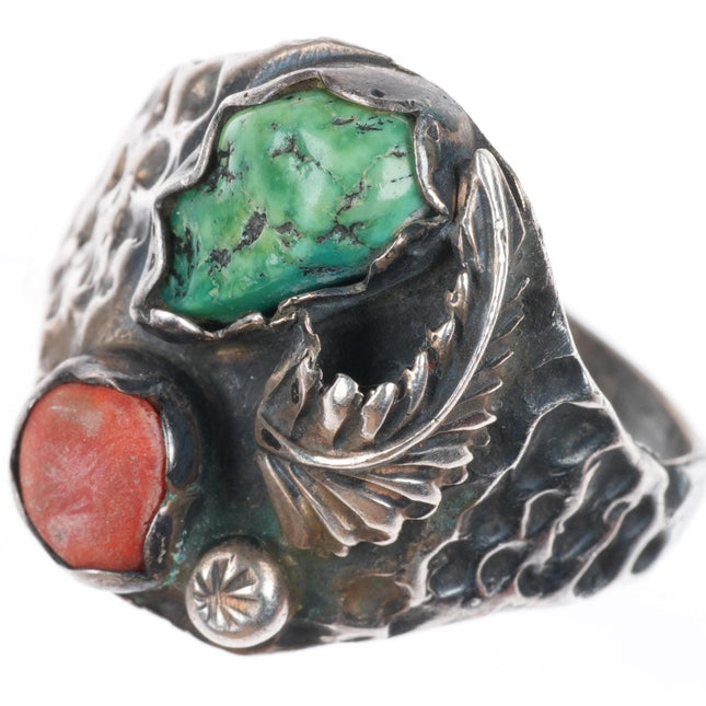 sz11 vintage Navajo or Zuni sterling silver turquoise and coral size 11 ring