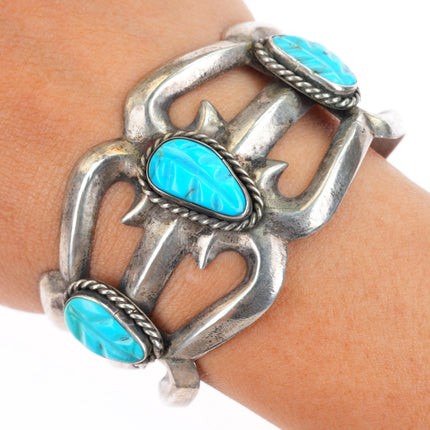 6.4" vintage Zuni carved turquoise leaves cast sterling silver cuff bracelet