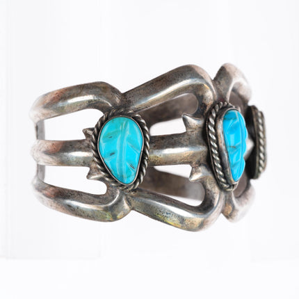 6.4" vintage Zuni carved turquoise leaves cast sterling silver cuff bracelet