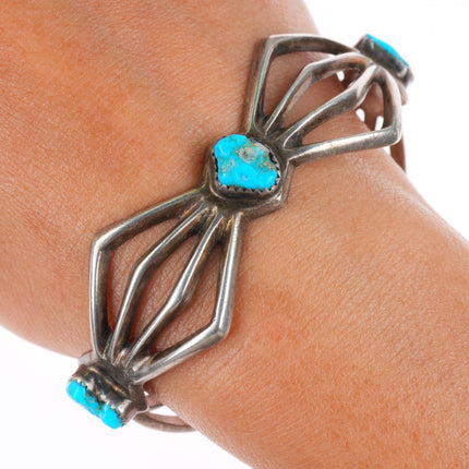 6.6" vintage Navajo cast sterling silver spiderweb cuff bracelet w/turquoise