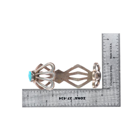 6.6" vintage Navajo cast sterling silver spiderweb cuff bracelet w/turquoise
