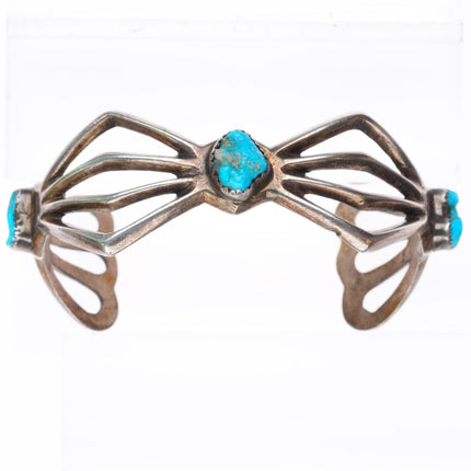 6.6" vintage Navajo cast sterling silver spiderweb cuff bracelet w/turquoise