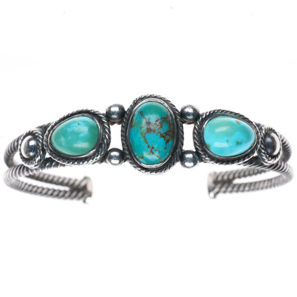 6.4" c1930's Navajo twisted wire 3 stone turquoise cuff bracelet sterling silver