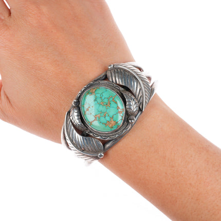 6.6" Vintage Navajo sterling silver spiderweb turquoise cuff bracelet
