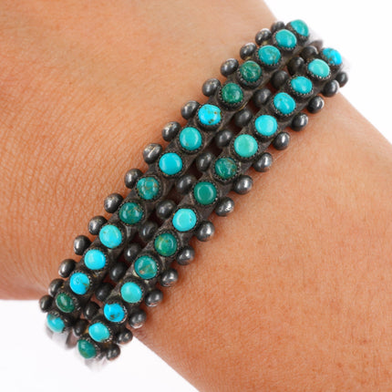 6.4" c1940 vintage Zuni 2 row snake eye turquoise sterling silver cuff bracelet