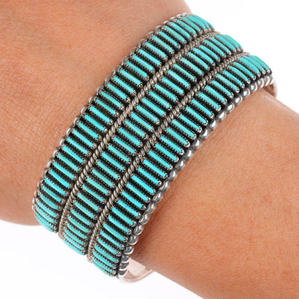 6.25" Cal Eustace Zuni sterling silver 3 row needlepoint turquoise cuff bracelet
