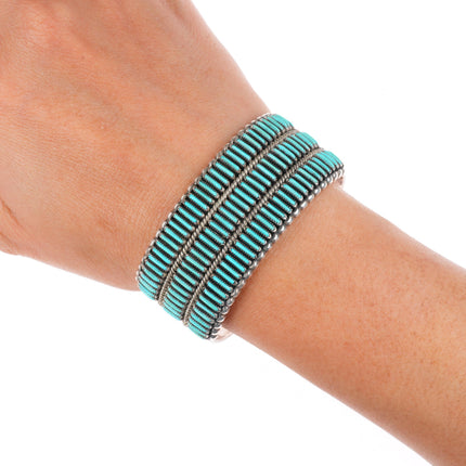 6.25" Cal Eustace Zuni sterling silver 3 row needlepoint turquoise cuff bracelet