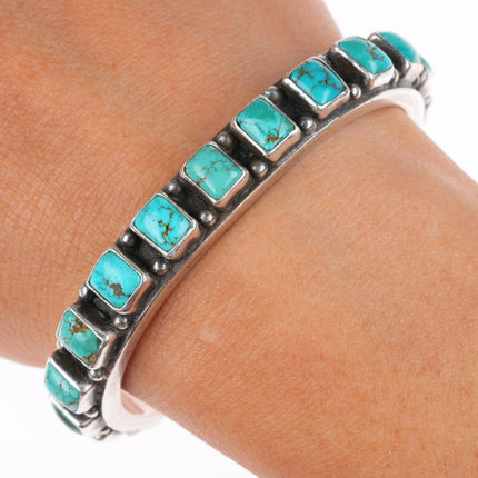 6" v1940's Vintage Navajo square cut turquoise row cuff bracelet sterling silver