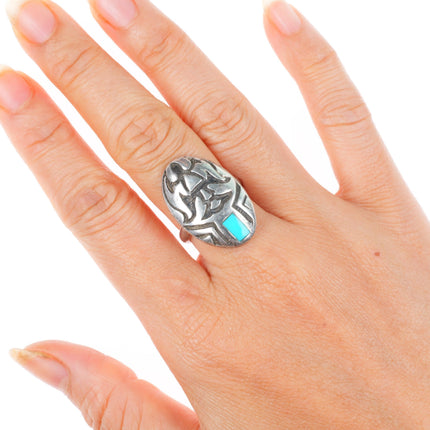 sz7.5 vintage Navajo sterling silver turquoise inlay domed overlay ring