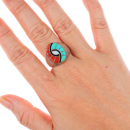 sz10 Amy Quandelacy Zuni sterling silver turquoise and coral Hummingbird ring
